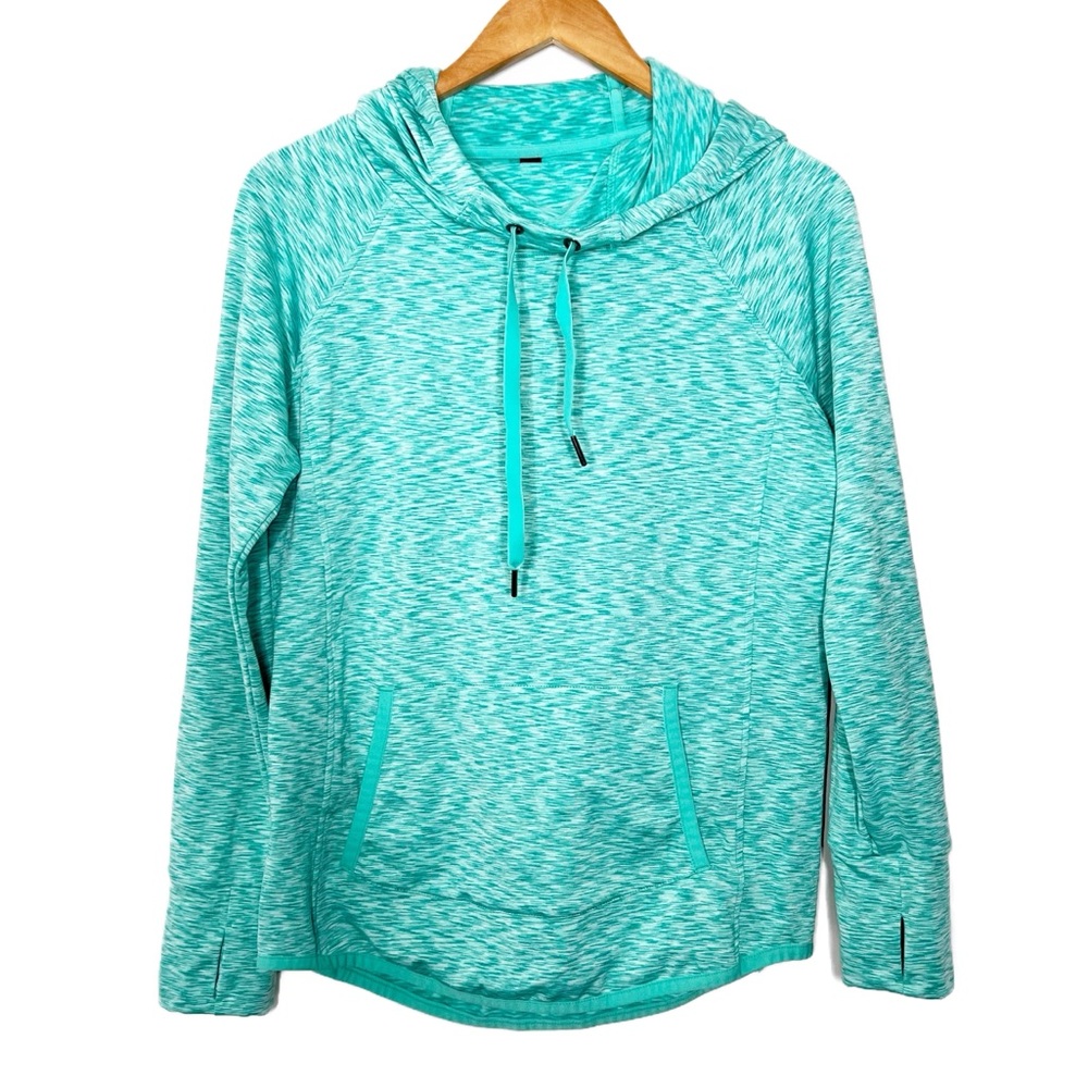 90 Degree Activewear Turquoise Marled Hoodie Thumbhole Pockets Drawstring